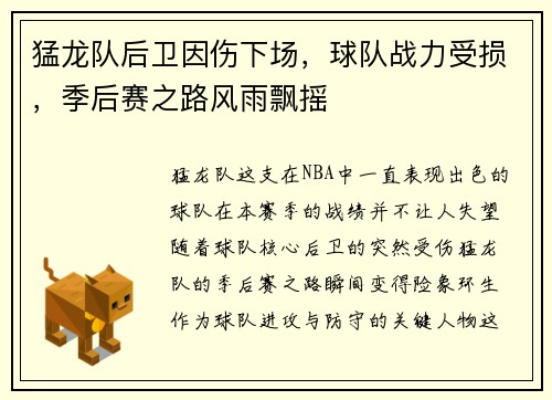 猛龙队后卫因伤下场，球队战力受损，季后赛之路风雨飘摇
